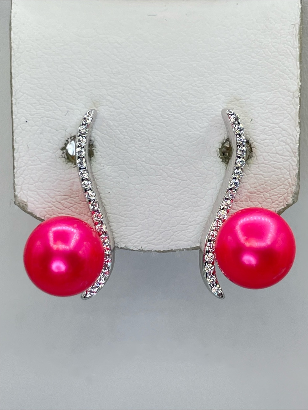 925 Sterling Silver Pink Dyed Pearl Crystal Curved Stud Earrings New
